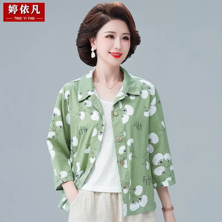 七分袖妈妈上衣纯棉新款印花薄款外套50-60岁中老年女士衬衫夏装