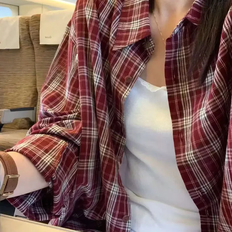 秋季ins风复古格子衬衫女宽松慵懒风百搭长袖文艺设计感上衣 