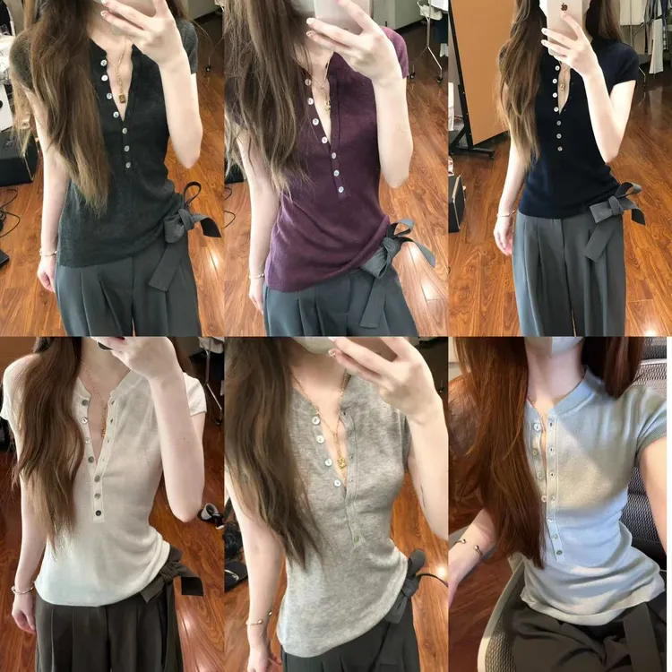 亨利领羊毛混纺轻薄针织高级柔感亲肤短款圆领短袖开衫E005