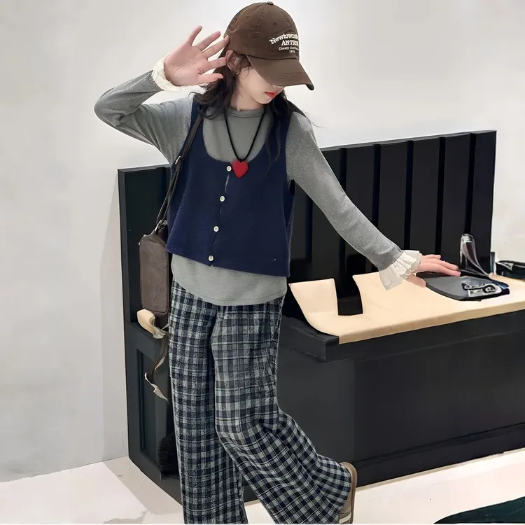 套装春秋纯色早秋季套头女童秋季韩版假两件抖音女童装热销第一名