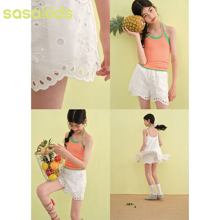 sasakids 夏季度假风棉布镂空绣花叠穿短裤松紧腰舒适透气打底裤