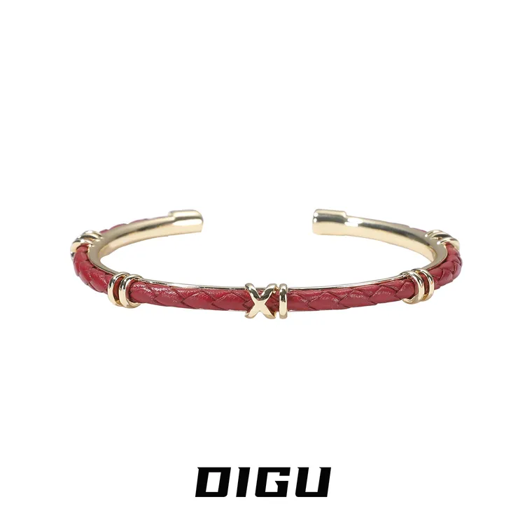 嘀咕家 铜合金皮质手镯 简约皮革编织手镯独特交叉手环开口手饰