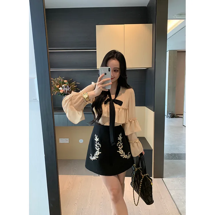 XINYI【鎏金花序】秋季飘带衬衫+西装短半裙显瘦套装女X625A13127