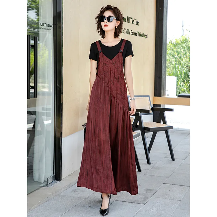 红玫瑰之梦 冰丝薄款红色背带裤妈妈装40-60岁宽松日系遮肉背带裤