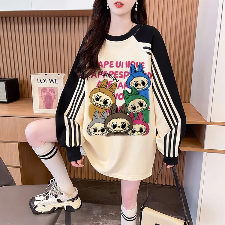 卡通三条杠插肩袖卫衣女秋冬季爆款休闲百搭胖mm大码百搭洋气上衣