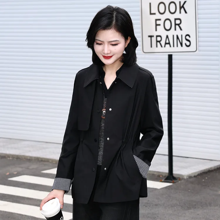 枫竺阿楠anan气质简约通勤翻领撞色长袖收腰抽绳风衣女秋季外套