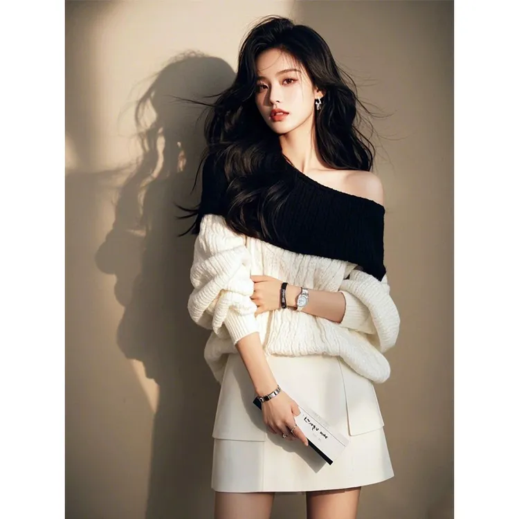 2025春季韩系高级感穿搭富家千金感气质轻奢黑白撞色毛衣套装裙女