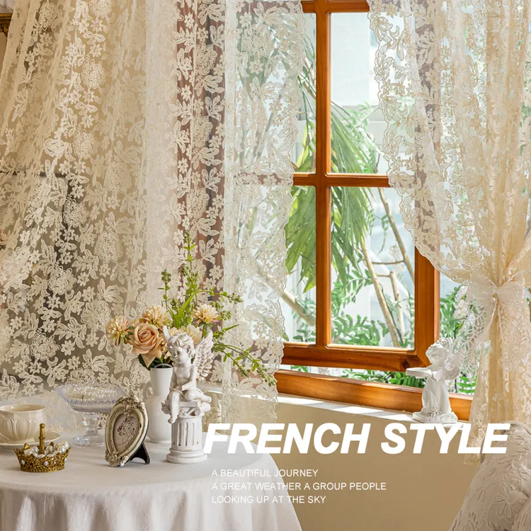 法式奶油风复古波浪边窗帘蕾丝纱帘刺绣客厅卧室飘窗少女半帘门帘
