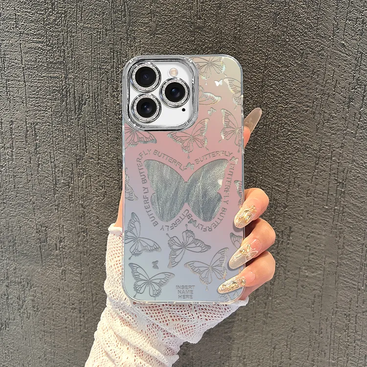 渐变蝴蝶适用苹果/华为/荣耀/OPPO/VIVO/小米手机壳羽纱女款挂绳