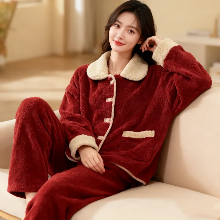 2025新款冬季加绒加厚本命年红色睡衣女北极绒套装保暖翻领家居服