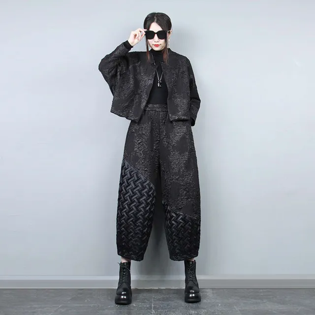 复古提花蝙蝠袖西服灯笼裤女套装2025年春季新品九分裤气质两件套
