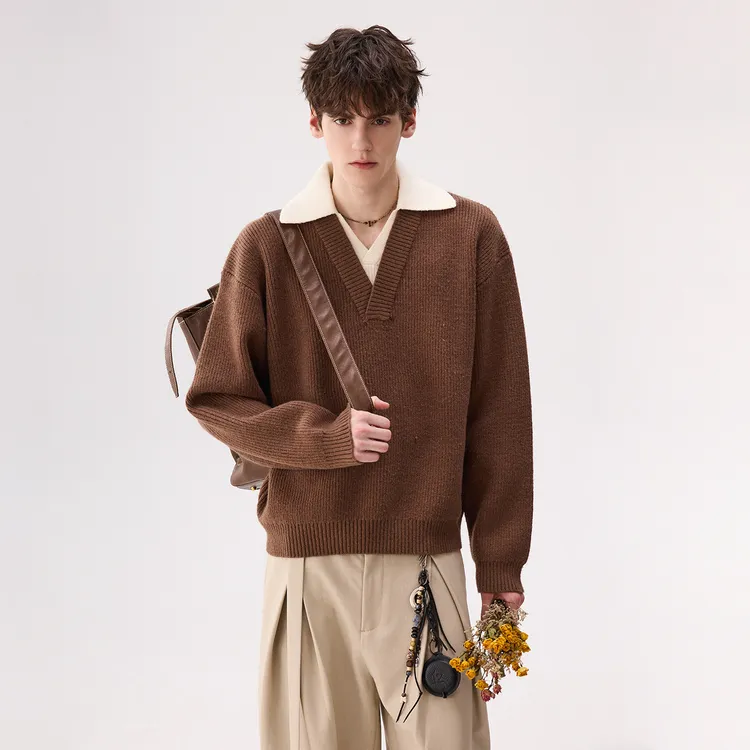 CHICERRO西西里男装V领假两件棕色毛衣针织衫长袖时尚休闲百搭