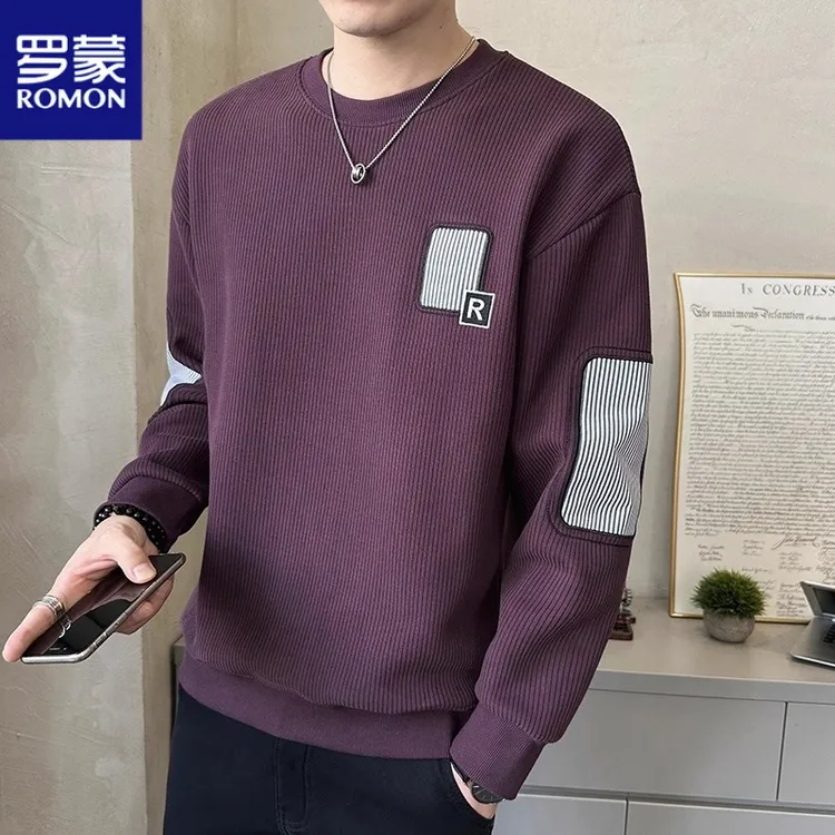 罗蒙圆领卫衣男士春秋款针织内搭秋冬装上衣服宽松加绒加厚打底衫