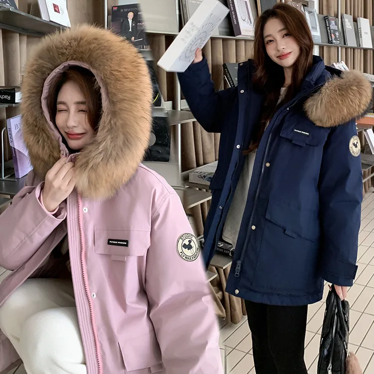 工装派克大码羽绒服女2025新款胖MM加肥加厚300斤连帽貉子大毛领