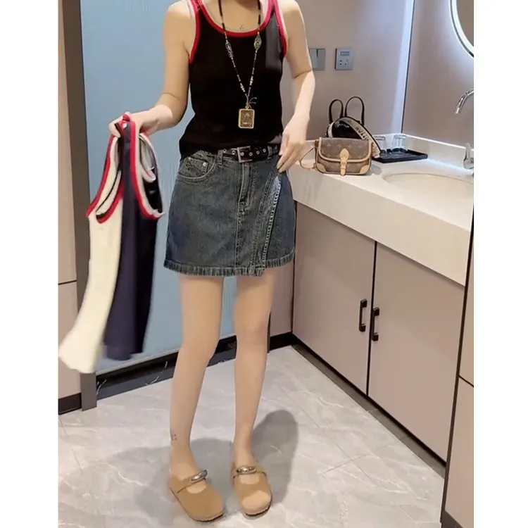 百搭复古高腰牛仔短裤女夏季2025新款不规则斜边A字辣妹半身裤裙