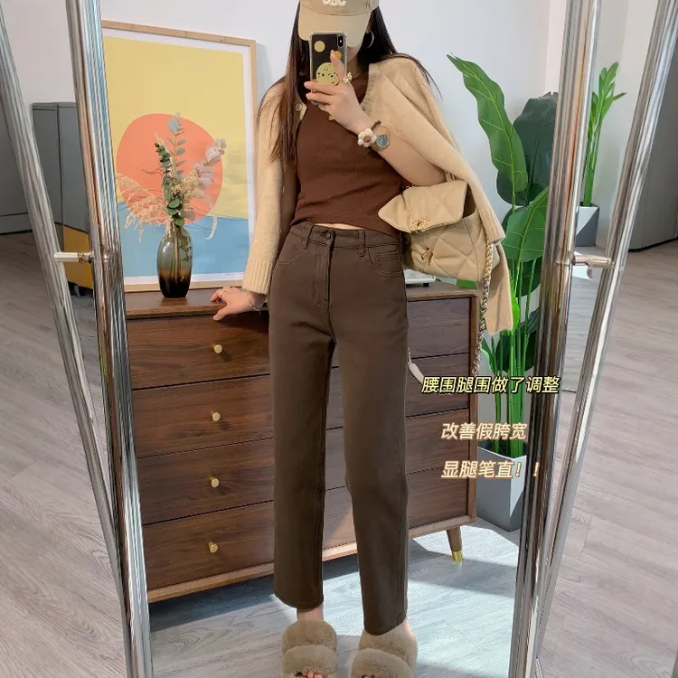 美拉德复古咖色直筒法棍裤秋冬加绒加厚高腰弹力显瘦烟管牛仔裤女