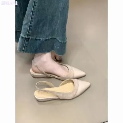 春夏法式包头凉鞋女2024早春新款杏色百搭尖头单鞋潮后空气质拼接