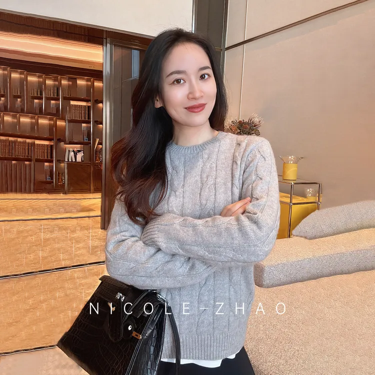 NC2432（灰色绞花）【贵姐NICOLE】LP进口纱线提花羊绒女士毛衣