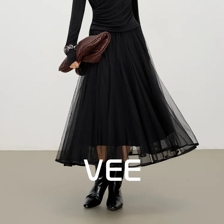 VEE【幻纱梦影】黑色a字半身裙女2025新款松紧腰大伞摆网纱长半裙