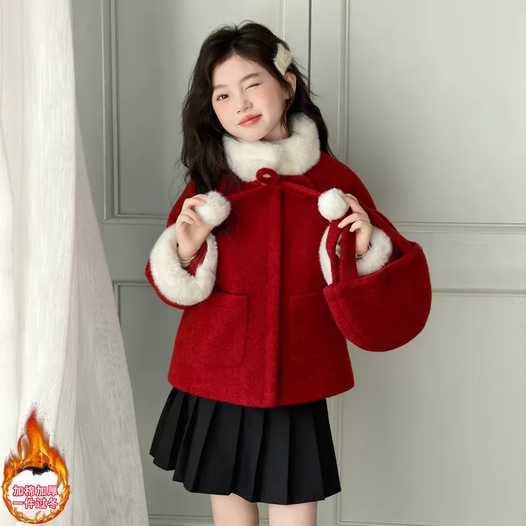 女童外套冬季2025新款女孩冬款红色夹棉年服女大童冬加厚洋气大衣