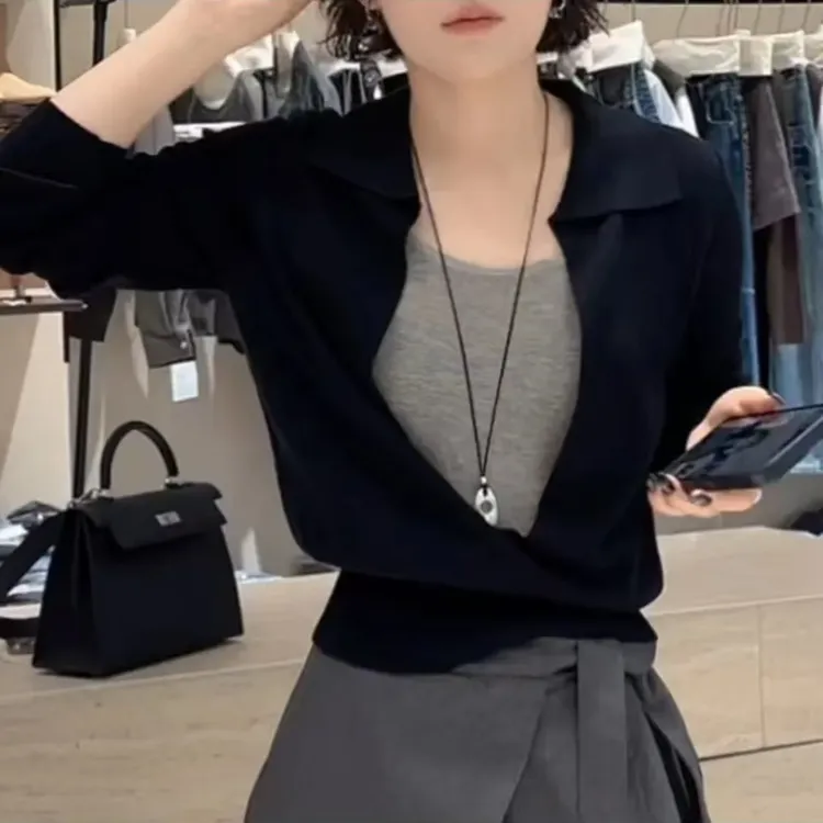 欧货翻领撞色拼接假两件针织衫女早秋宽松显瘦Polo衫别致漂亮上衣