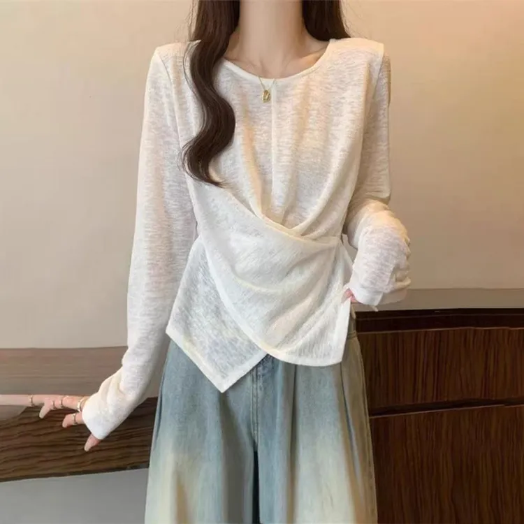 春秋修身t恤交叉设计女T恤新款大码纯色简约显瘦小众不规则上衣