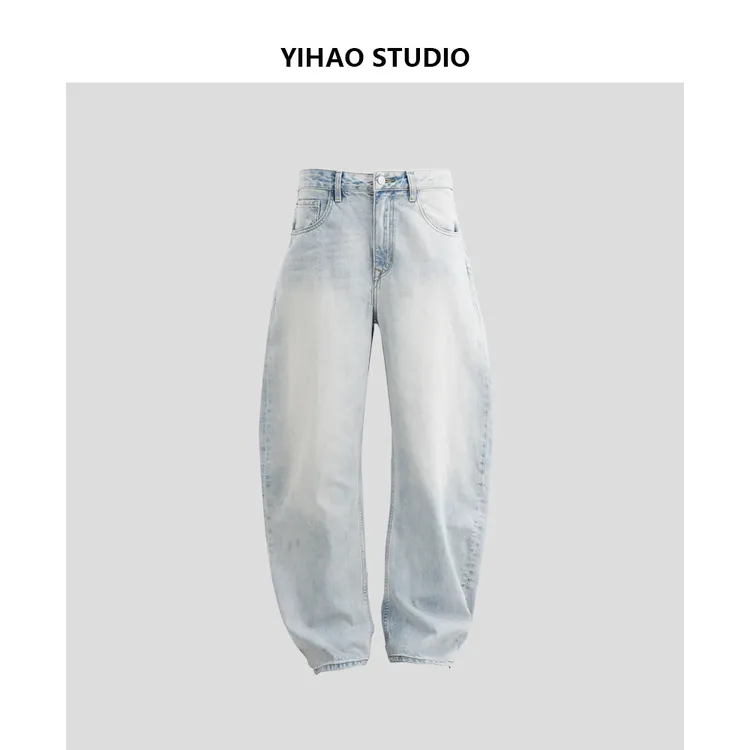 YIHAO STUDIO夏季新款男士水洗薄款弯刀牛仔裤休闲宽松浅色长裤