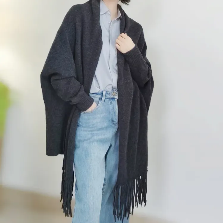 G 25秋冬季慵懒百搭全羊毛外搭开衫高级感女士针织流苏保暖披肩