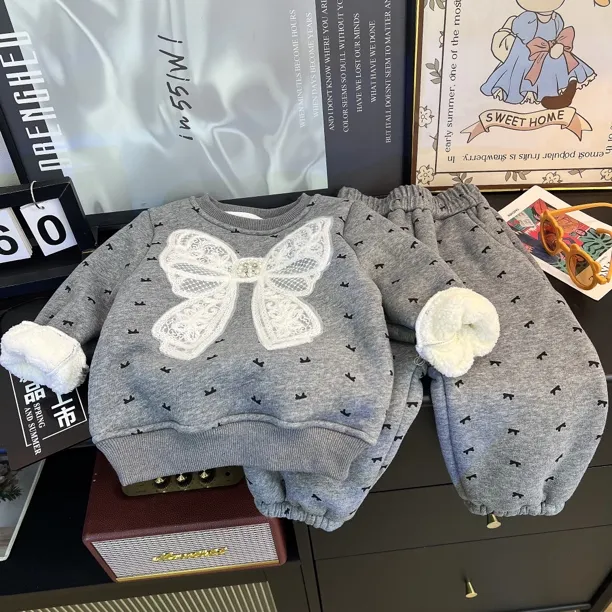 2025秋冬上新女童加绒加厚套装蝴蝶结洋气韩版两件套