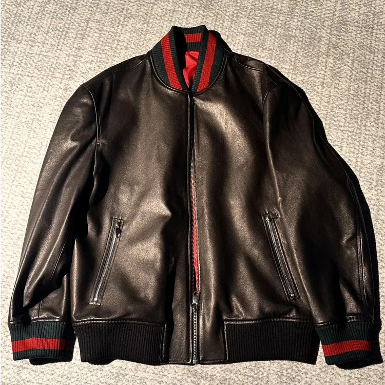 MULIGUCCI39000绵羊皮衣饰织带皮革飞行员秋冬夹克外套皮衣004