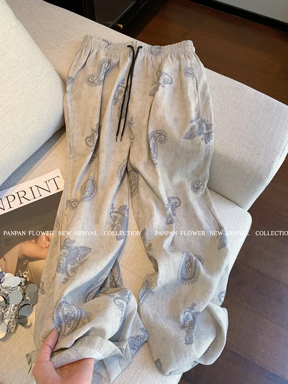 夏季复古印花气质休闲阔腿裤女宽松慵懒随性百搭松紧腰显瘦长裤子