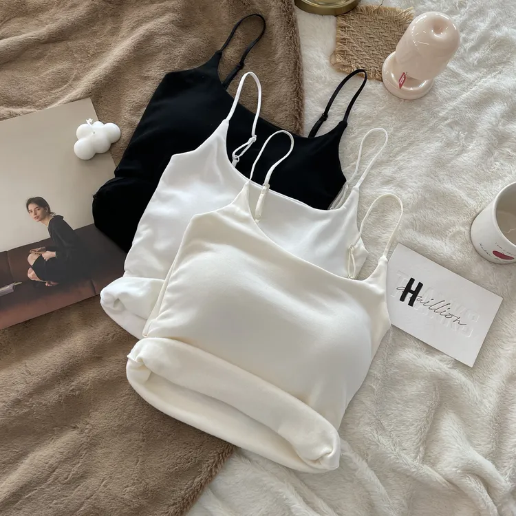 wan能打底！百搭纯欲风褶皱吊带背心女外穿内搭带胸垫修身打底上衣