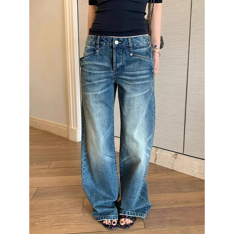 磨白百搭直筒低腰牛仔裤女2025秋季新款复古宽松松弛蓝色阔腿长裤