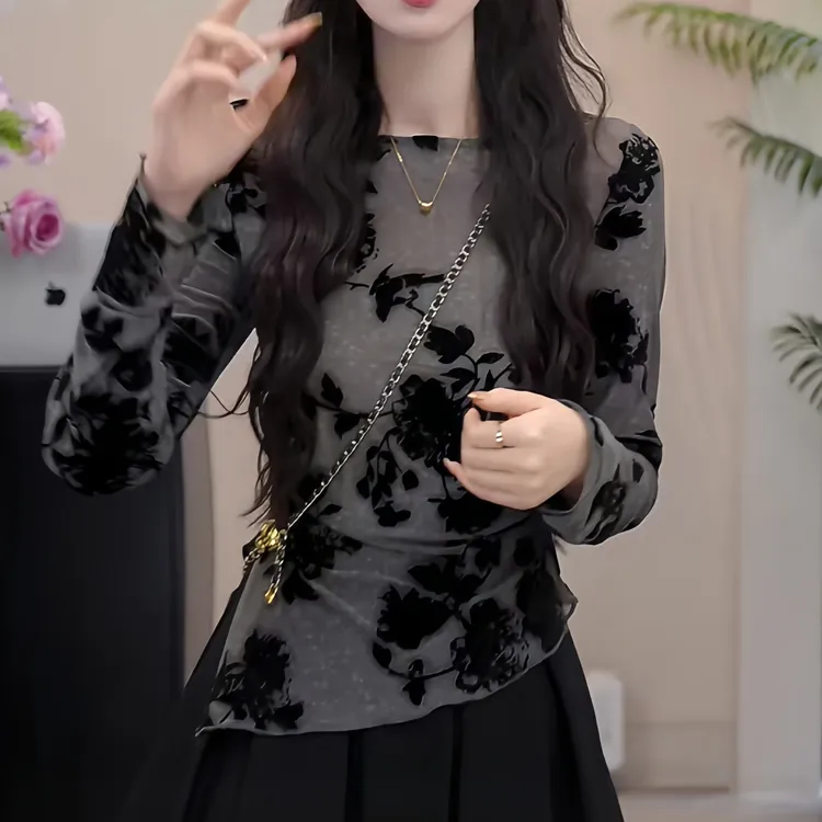 【凉露沾衣】2025秋季千金风开叉不规则长袖T恤女设计感气质上衣潮