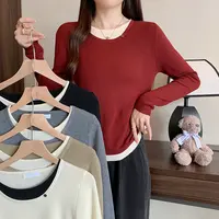 2025秋装新款胖mm大码女简约拼接撞色圆领打底长袖T恤上衣33100