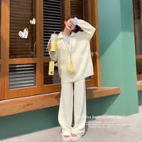 清仓款【奶油小筑】秋冬新款针织翻领宽松假两件上衣阔腿裤套装