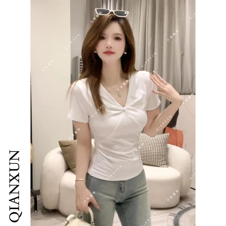 千寻家 白色修身显瘦短袖正肩女t恤设计感夏季女士上衣女新款爆款