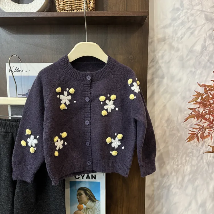 leomama童装女童花朵毛衣儿童加厚针织开衫外套秋冬新款女大童