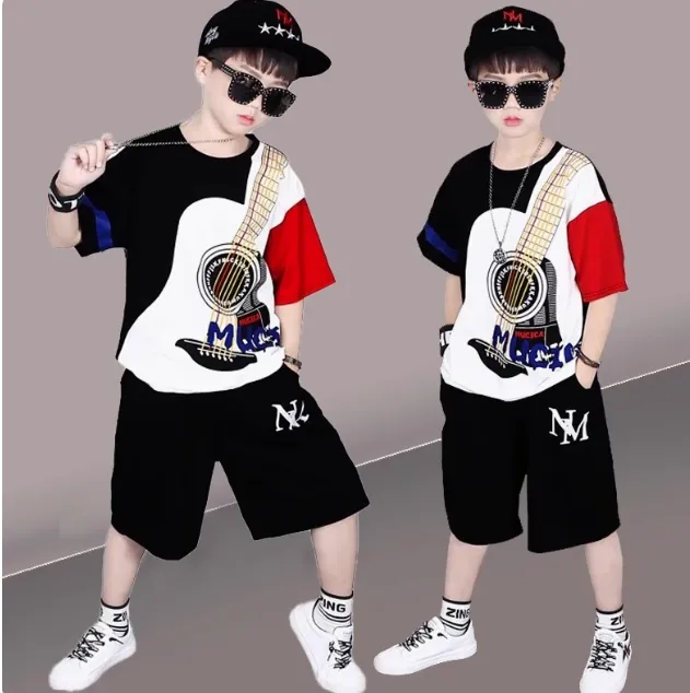 男童夏季2025新款休闲帅气嘻哈风套装夏装韩版拼色龙款童装套装
