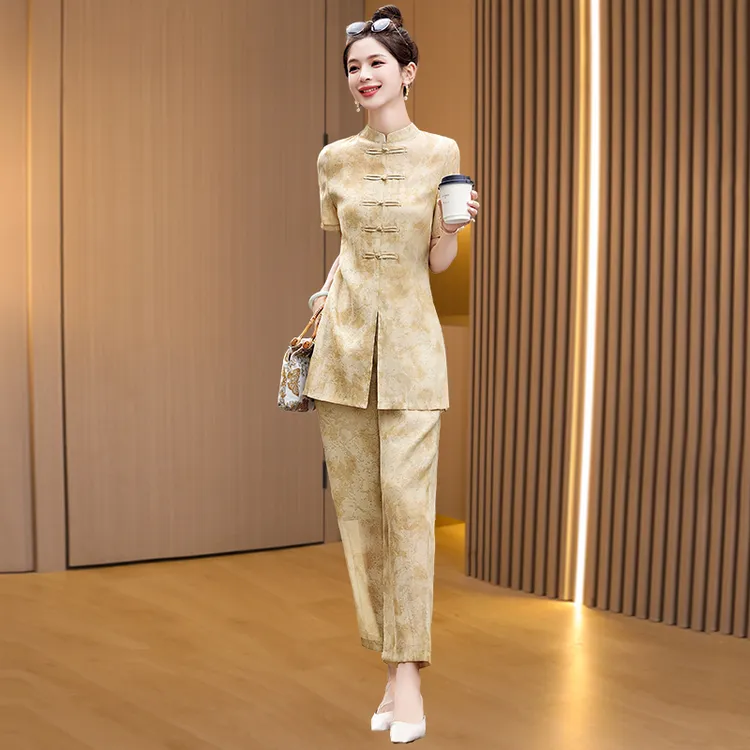 唐装中国风职业套装2025新款女装夏款时尚减龄阔太太洋气质两件套
