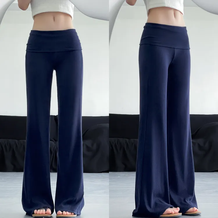 藏青色翻腰微喇叭裤女夏季薄款2025新款小个子休闲显瘦美式运动裤