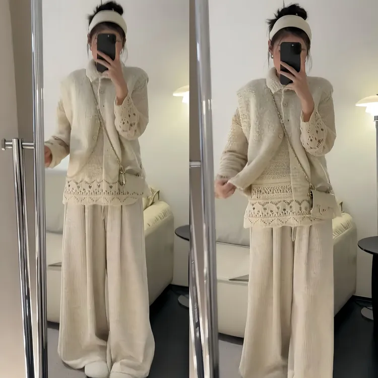 2025秋季新款极简慵懒风无袖马甲百搭时尚打底毛衣高腰阔腿裤套装