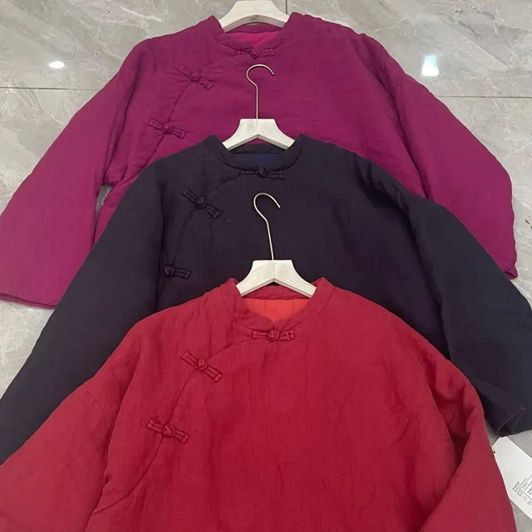 亚麻斜盘扣纯色棉服（衣长68胸围130）