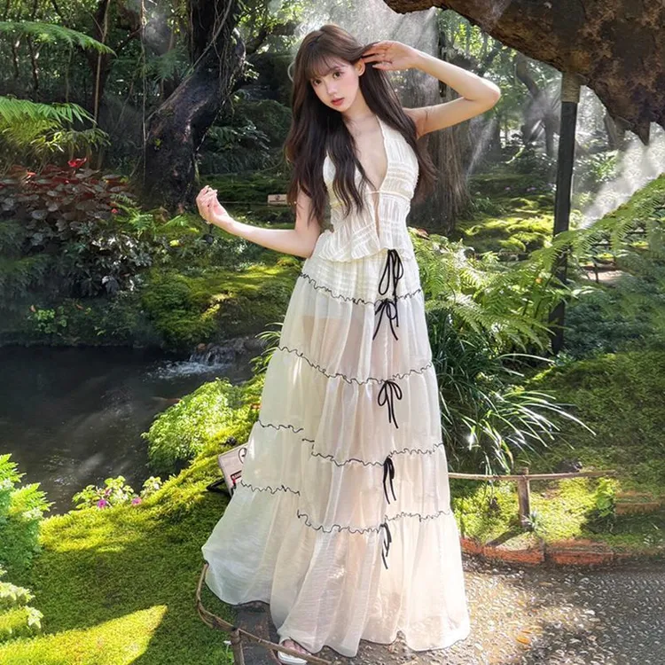 泰兰德纯色拼接连衣裙裙子不收腰仙女裙纱裙甜美碎花夏装长裙