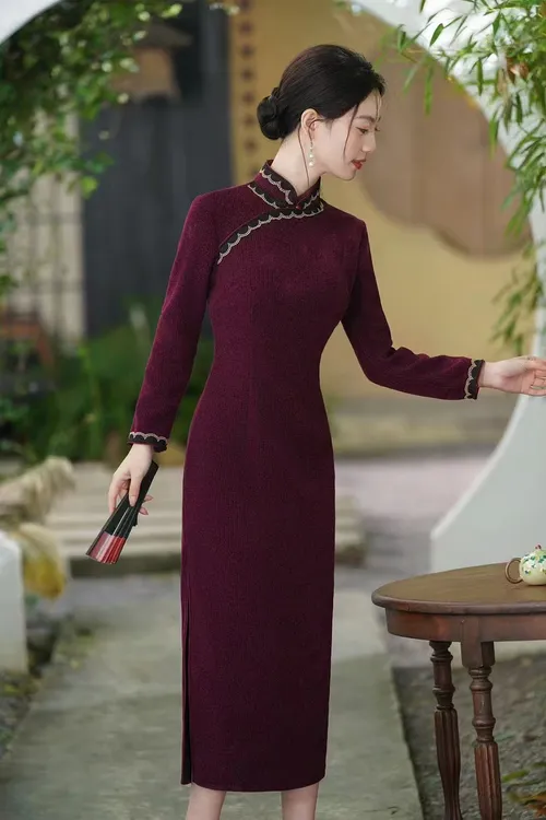 【诗语】中国风冬季高贵加绒旗袍气质修身显瘦复古中长款A23