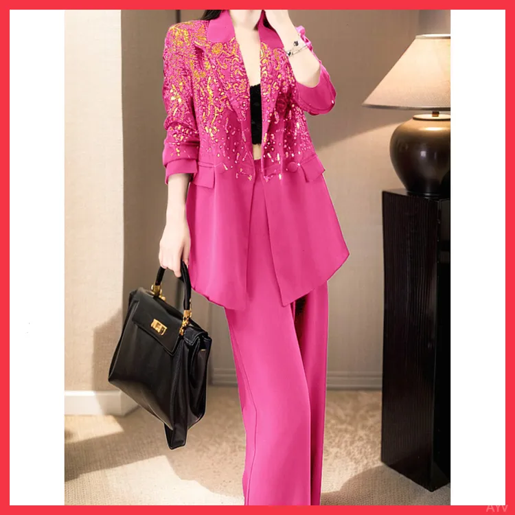 烫金重工西装两件式阔腿西裤2025年炸街高级感玫红色甜酷秋季套装