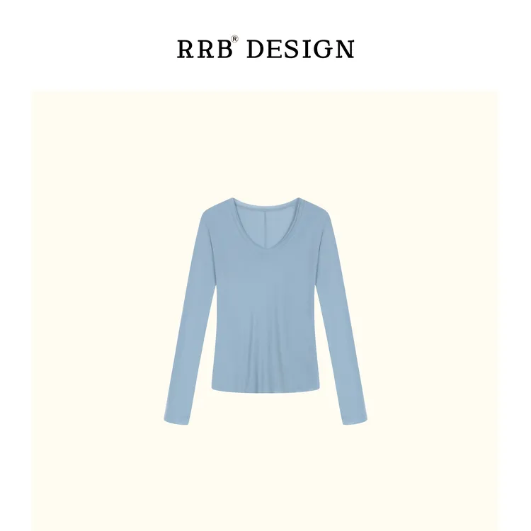 RRB Design「舒适时髦」修身百搭纯色长袖T恤大V领卷边设计感上衣