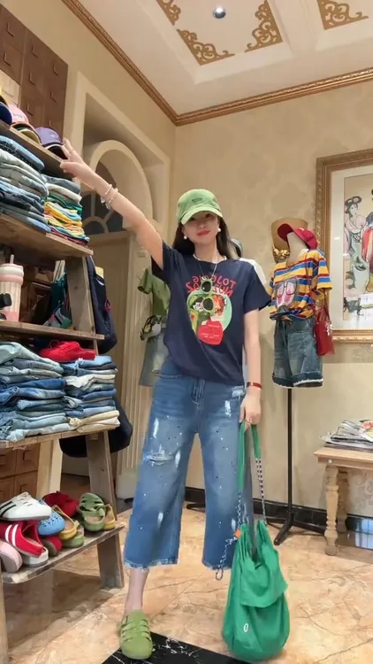 2025夏季新款时髦率性梨形A字阔腿七分阔腿裤宽松时尚洋气牛仔裤