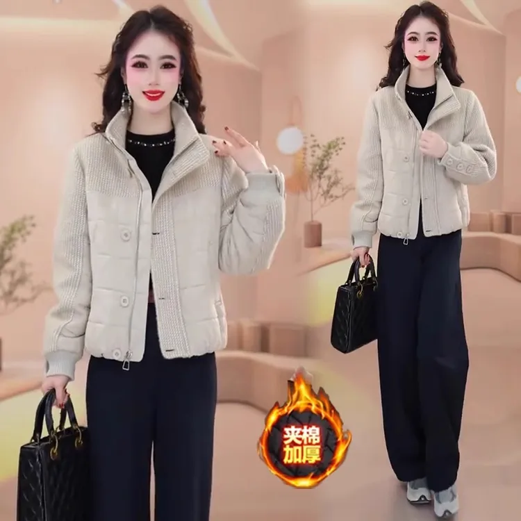 小香风拼接短款休闲棉服女冬季新款洋气显瘦立领加厚保暖棉袄外套