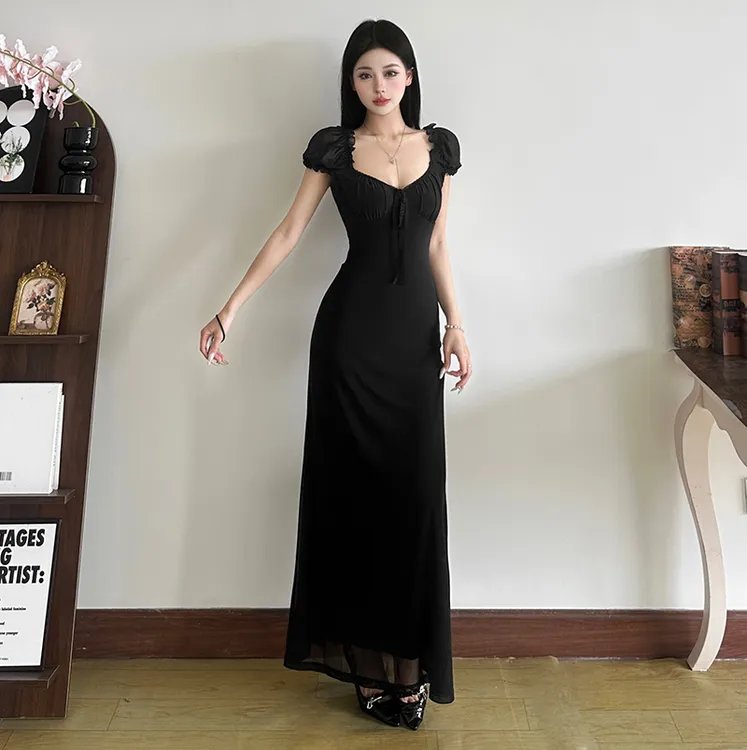 Malou 温柔茶歇小V领复古泡泡袖连衣裙女 网纱收腰长裙K24D61369